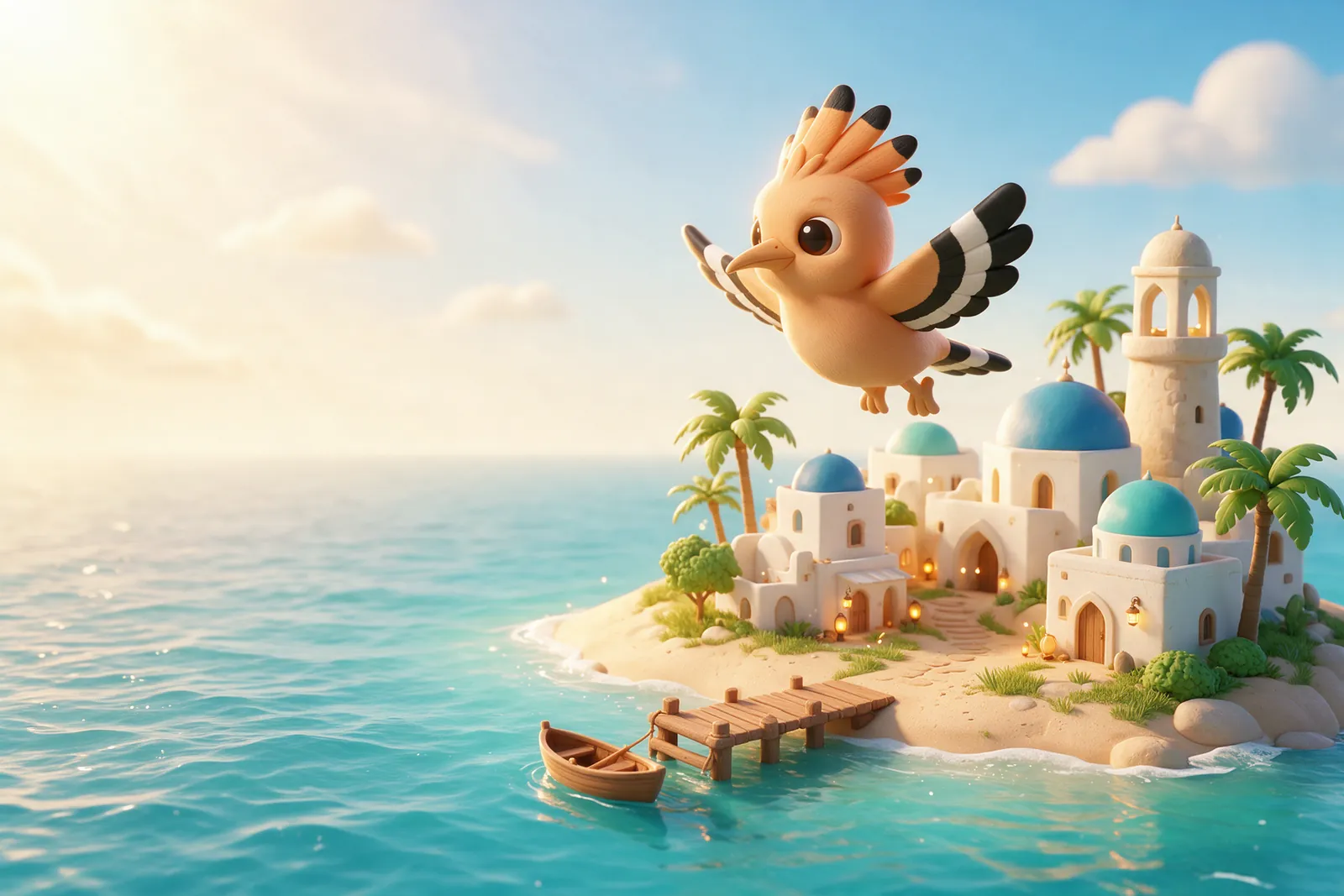 A clay island village in a turquoise sea with Hudhud the hoopoe flying above it