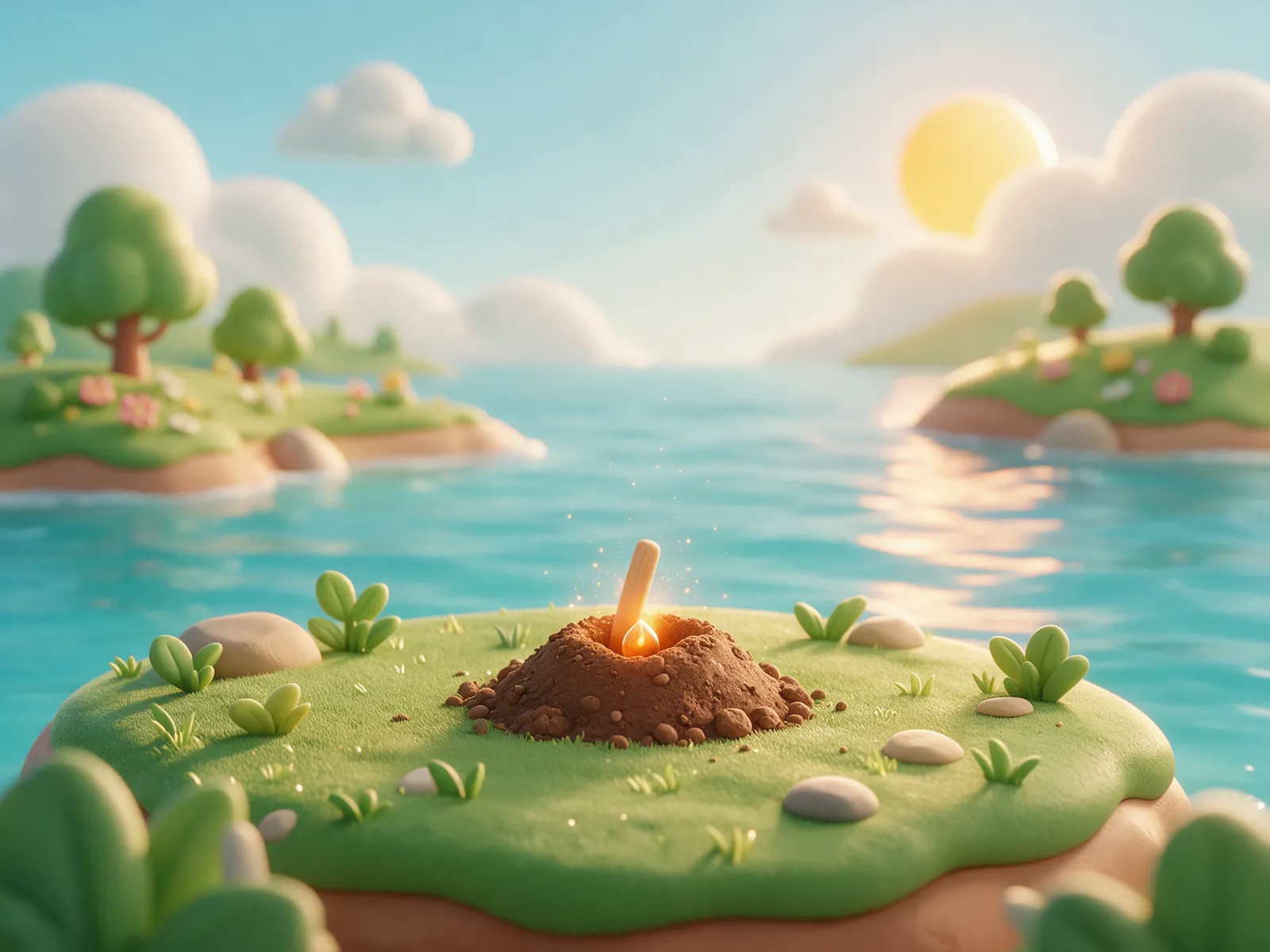 A glowing seed planted on a small green island